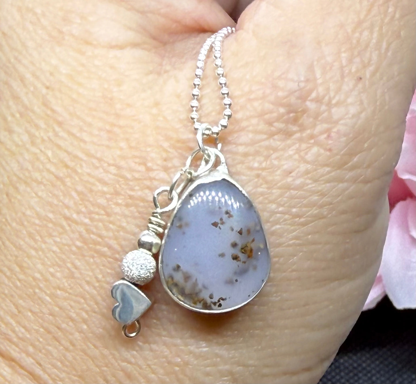 Hand Soldered Sterling Silver Setting with Chalcedony Crystal with Dendrites & Silver Heart and Bead Accents Necklace Jewelry Pendant CHAIN INCLUDED