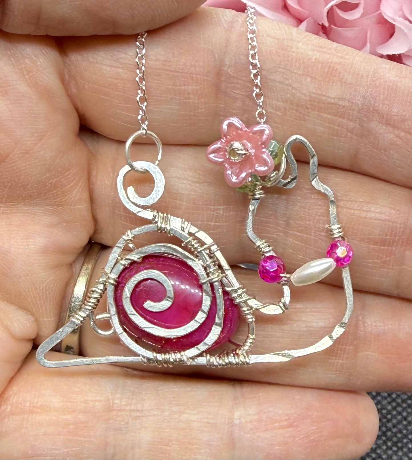 Dyed Pink Agate Snail in Sterling Silver with Flower & Faux Pearl Accents Jewelry Pendant Necklace CHAIN INCLUDED