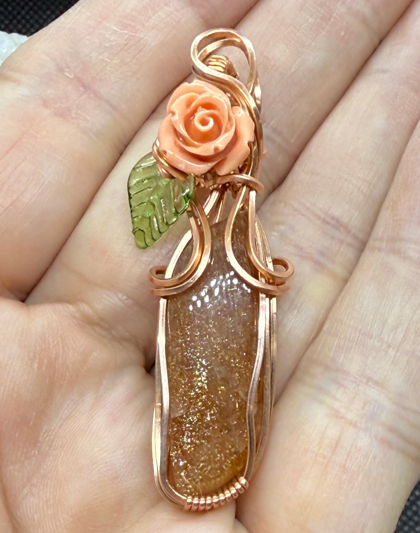 Sunstone Crystal with Peach Rose Wire Wrapped in Copper Pendant Jewelry Necklace Gift