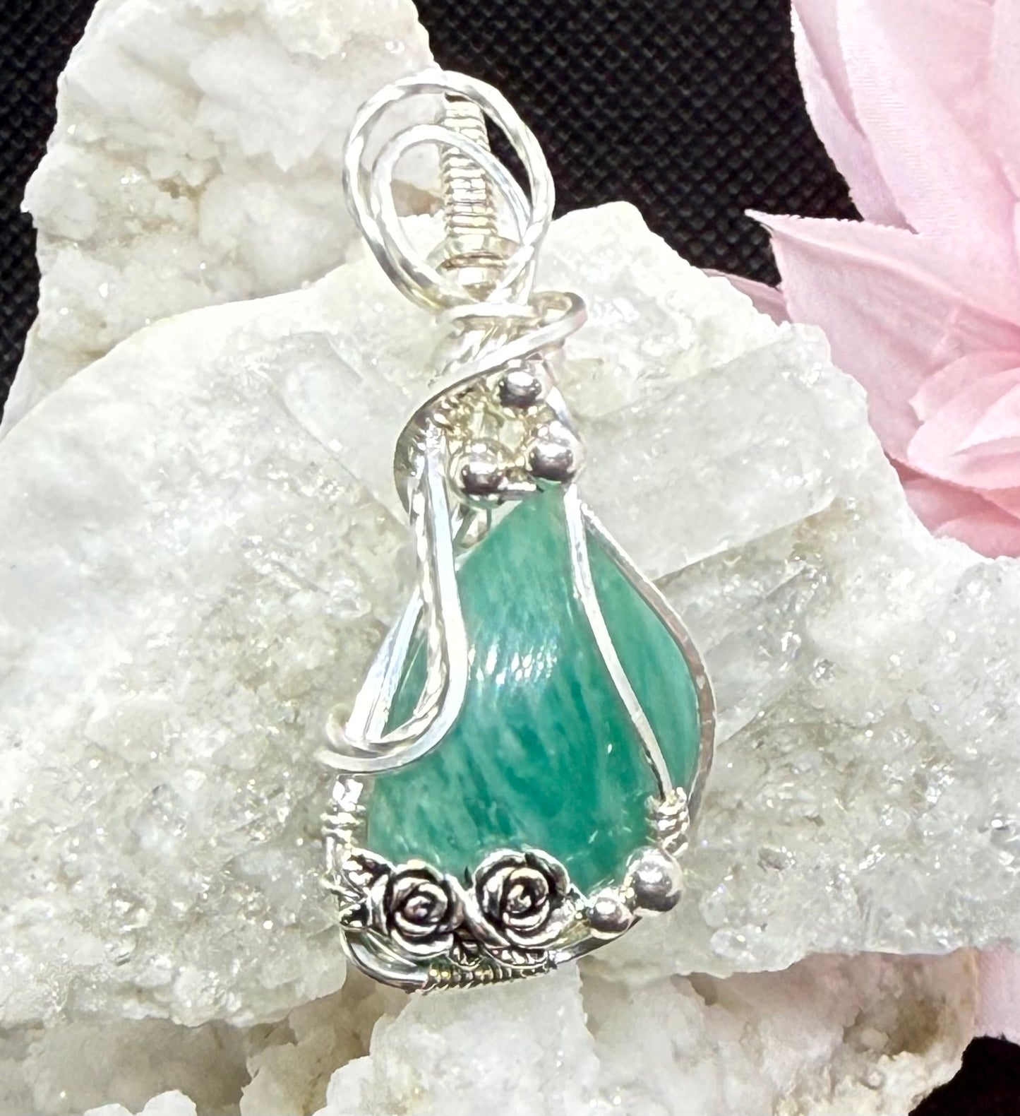 Caribbean Calcite with Roses Wire Wrapped in Sterling Silver Blue Green Pendant Jewelry Necklace Gift