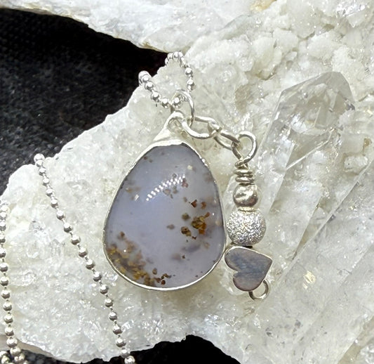 Hand Soldered Sterling Silver Setting with Chalcedony Crystal with Dendrites & Silver Heart and Bead Accents Necklace Jewelry Pendant CHAIN INCLUDED