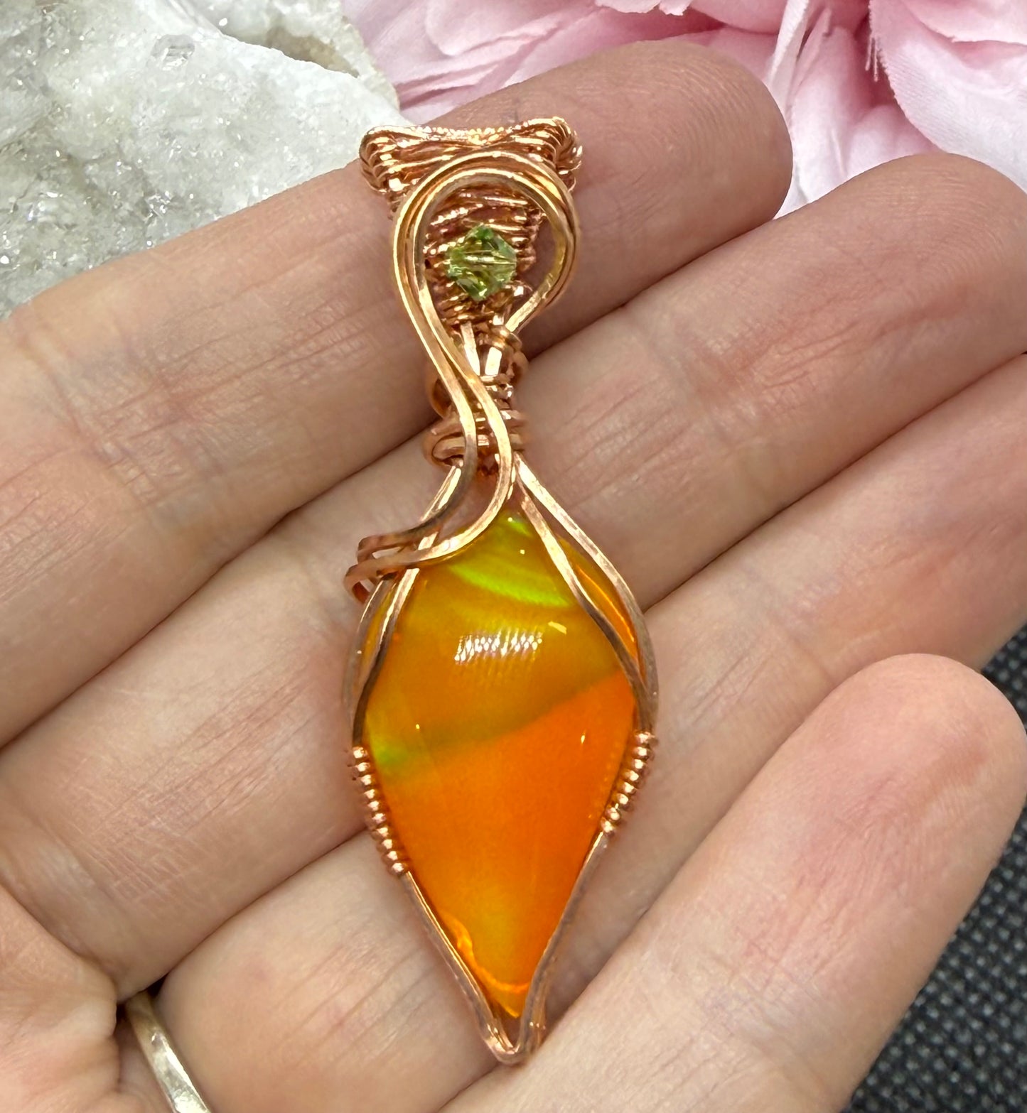 Aurora Opal in Copper with Swarovski Crystal Accent Orange Green Necklace Pendant Jewelry Gift