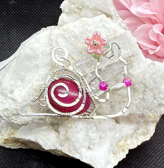Dyed Pink Agate Snail in Sterling Silver with Flower & Faux Pearl Accents Jewelry Pendant Necklace CHAIN INCLUDED