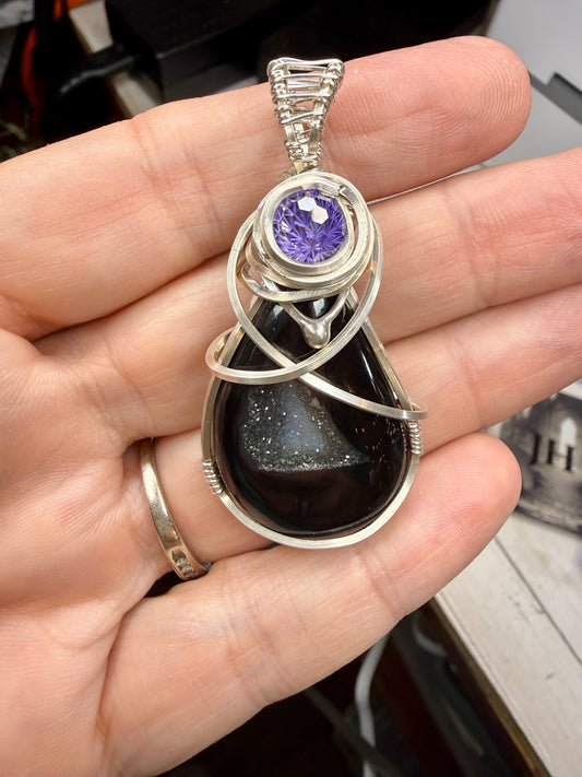 Black Druzy Agate with Purple Honeycomb CZ accent Sterling Silver Pendant Jewelry Necklace