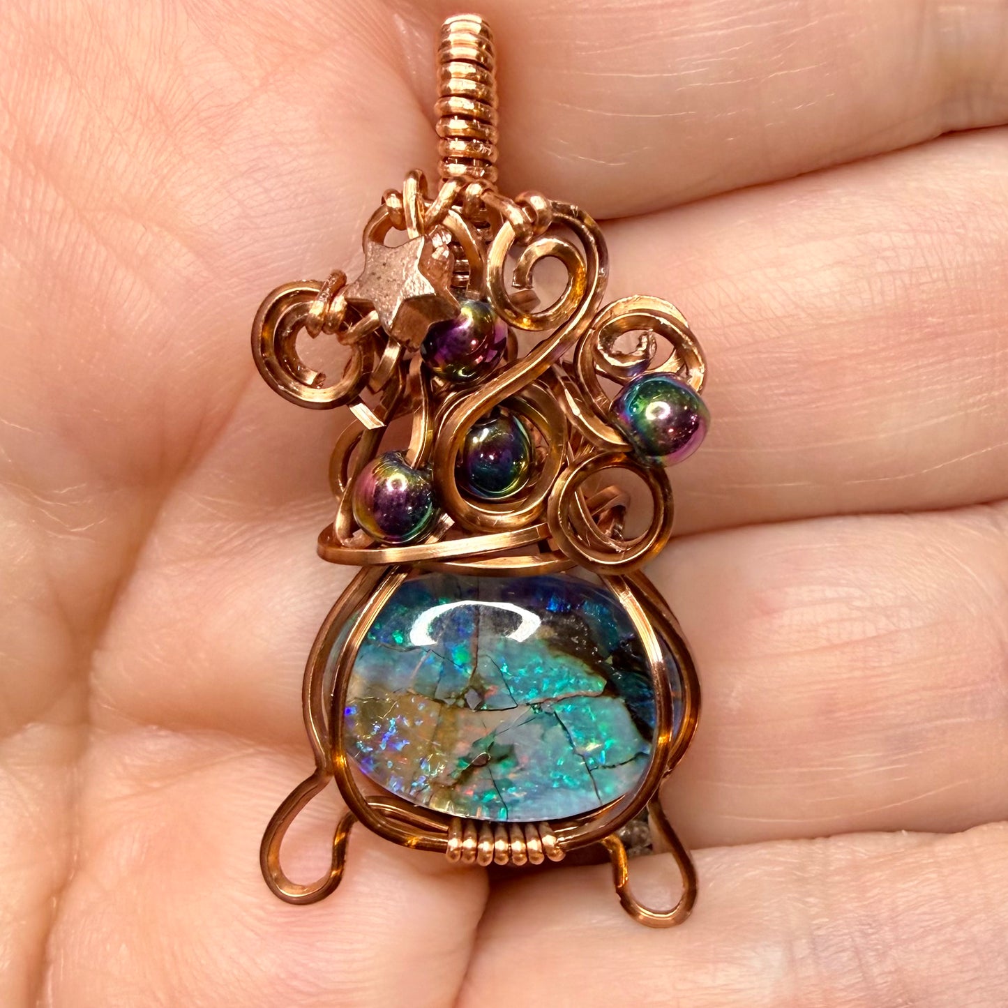 Monarch Opal Mini Cauldron Wire Wrapped in Copper Jewelry Pendant Necklace