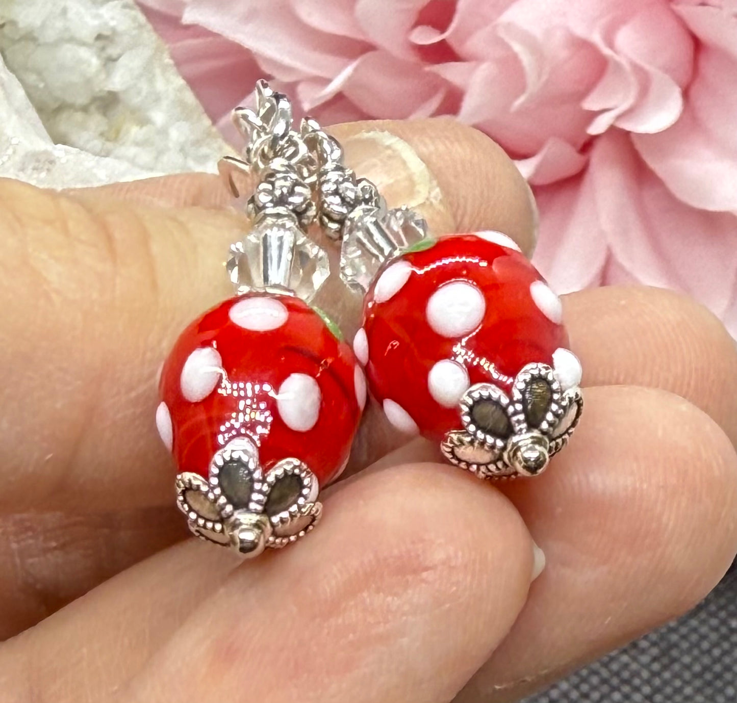 Glass Strawberry and Crystal Earrings