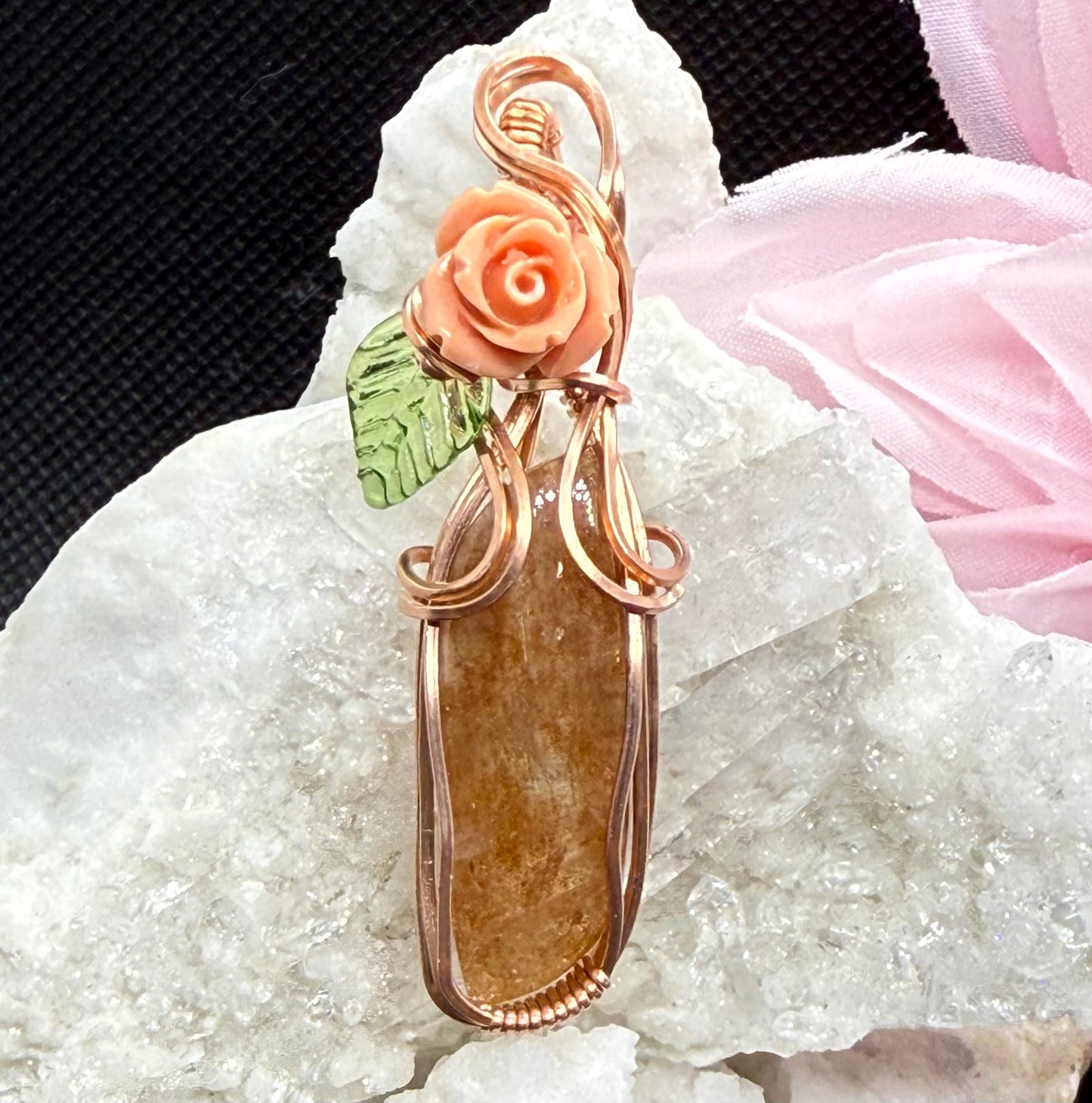 Sunstone Crystal with Peach Rose Wire Wrapped in Copper Pendant Jewelry Necklace Gift