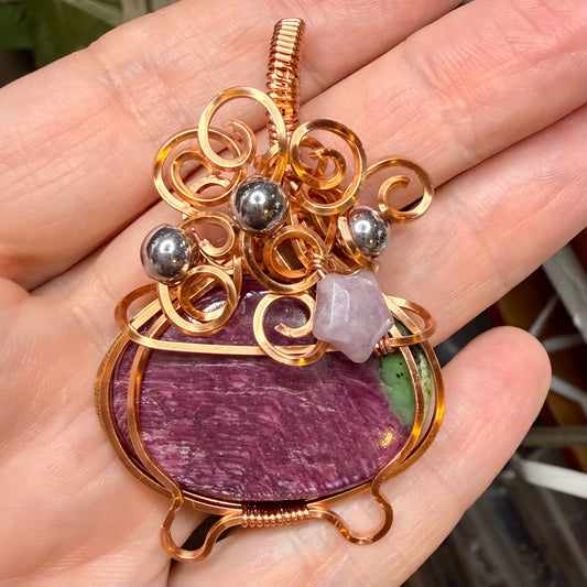 Ruby in Zoisite Cauldron Wire Wrapped in Copper w Star & Bubble Accents Jewelry Necklace Pendant