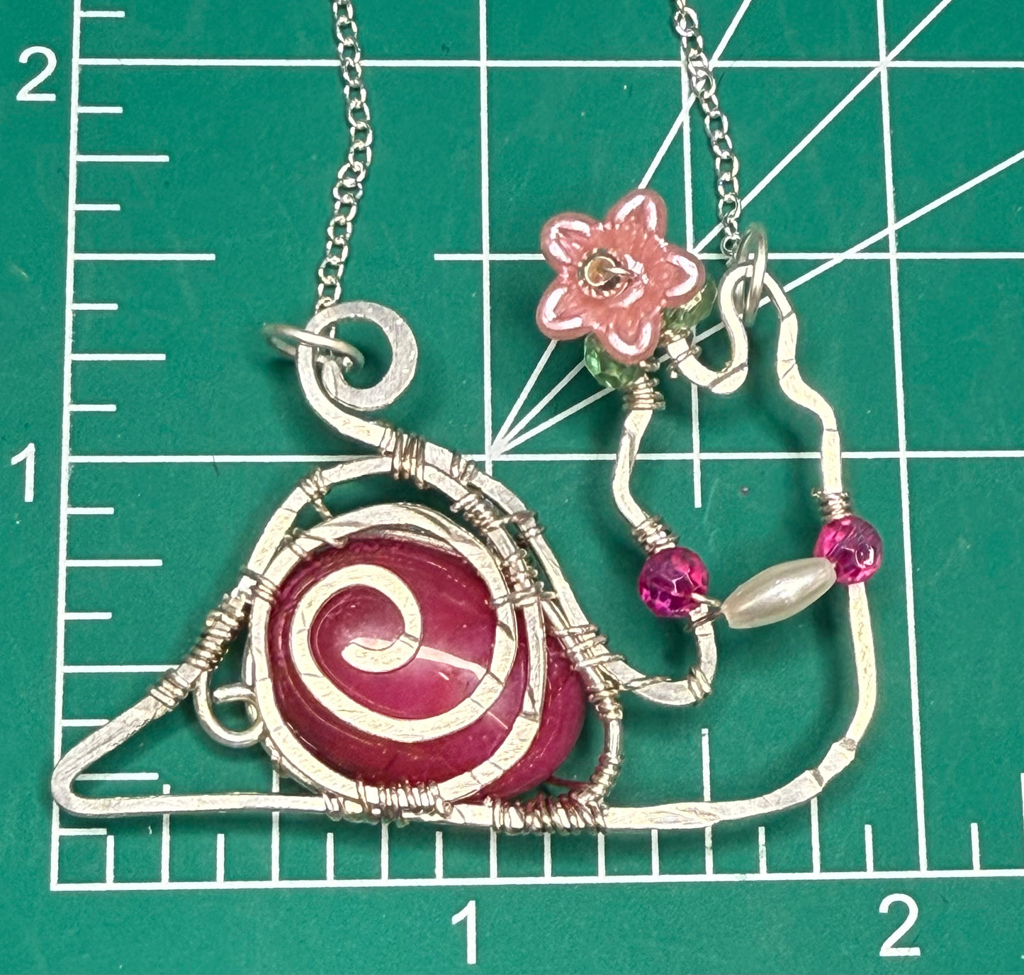 Dyed Pink Agate Snail in Sterling Silver with Flower & Faux Pearl Accents Jewelry Pendant Necklace CHAIN INCLUDED