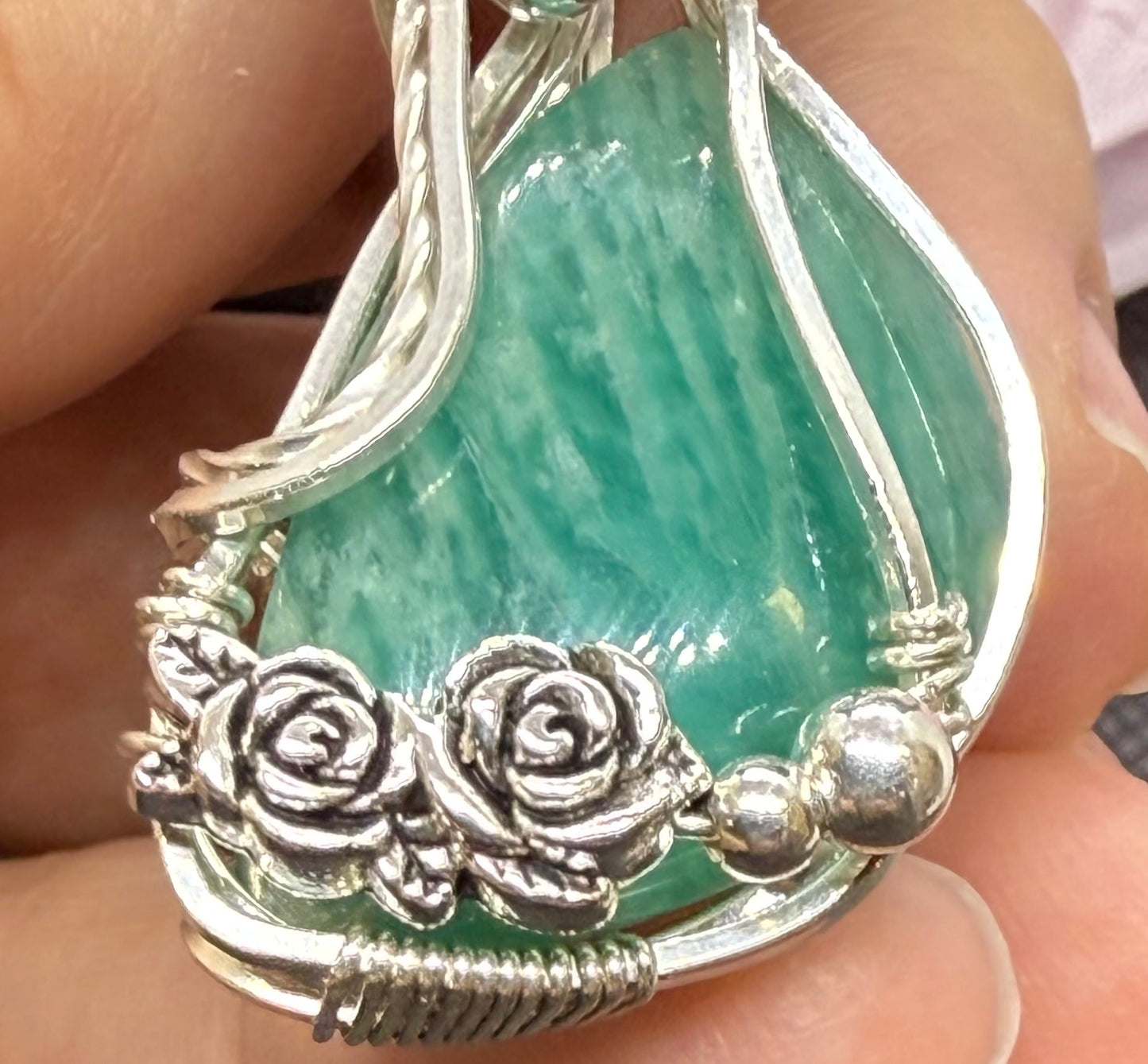 Caribbean Calcite with Roses Wire Wrapped in Sterling Silver Blue Green Pendant Jewelry Necklace Gift