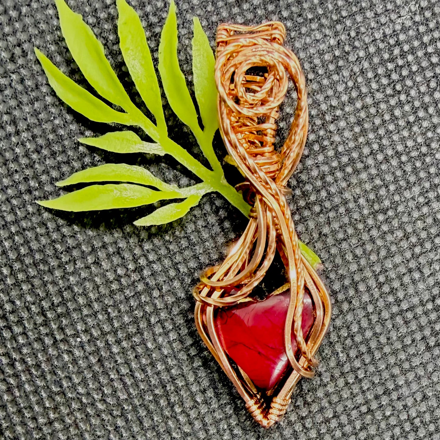 Red Dahlia Rose w Bronze Heart Wire Wrapped in Copper Jewelry Necklace Pendant