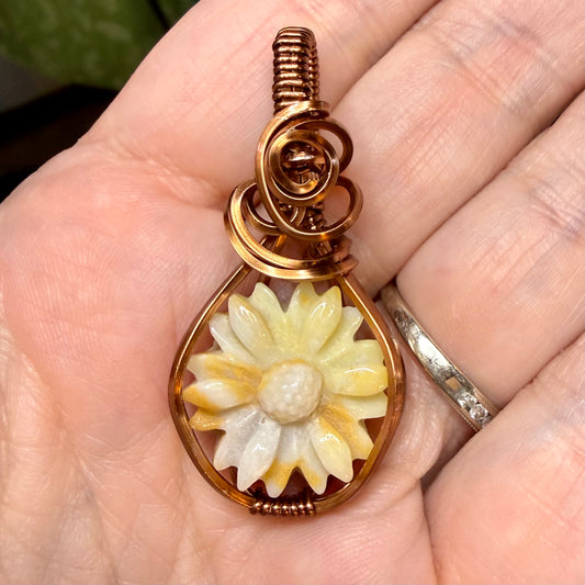 Yellow Agate Flower Wire Wrapped in Antique Copper Jewelry Pendant Necklace