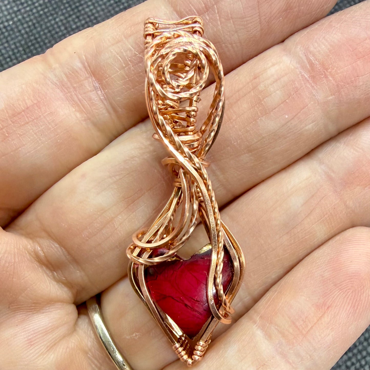 Red Dahlia Rose w Bronze Heart Wire Wrapped in Copper Jewelry Necklace Pendant