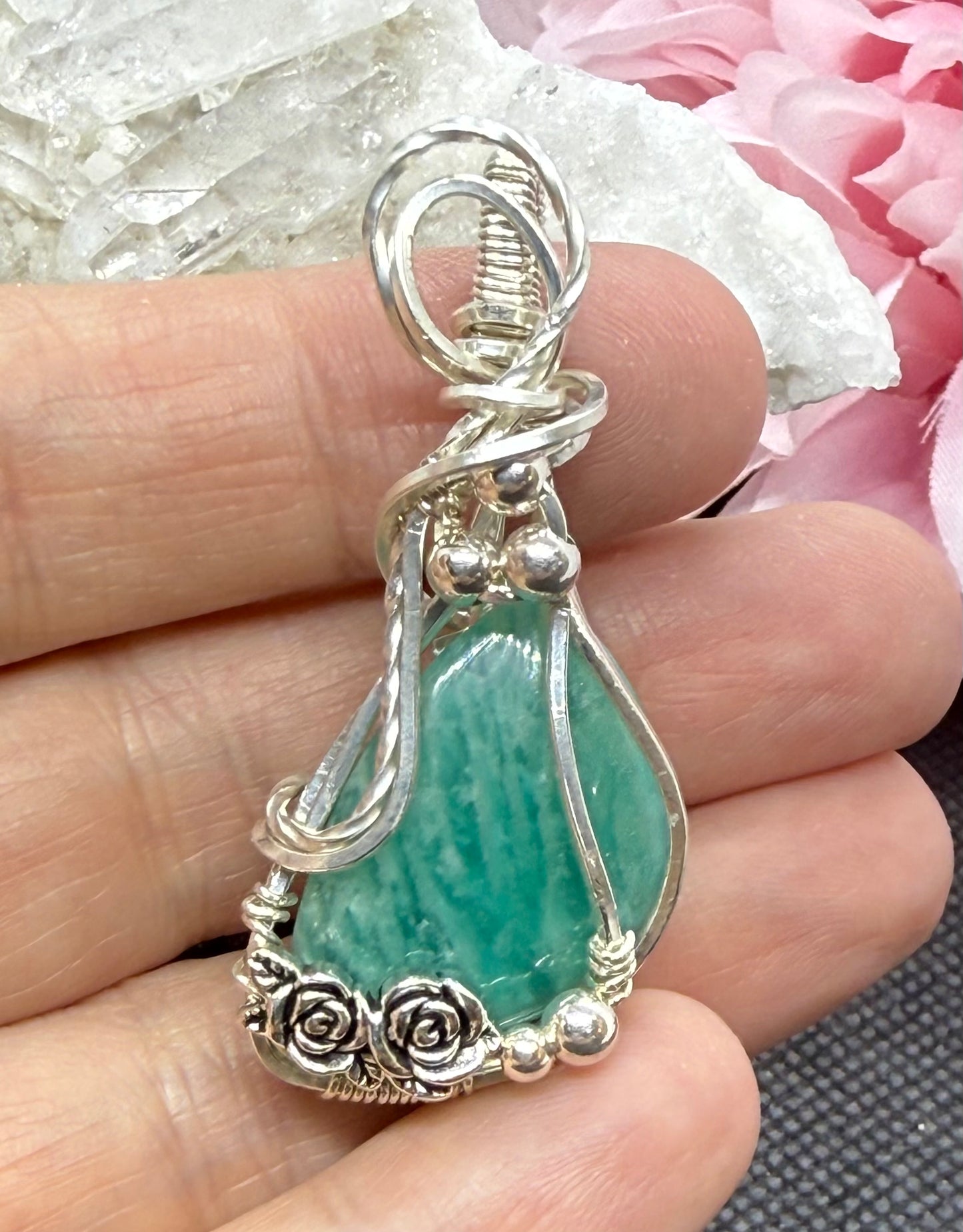 Caribbean Calcite with Roses Wire Wrapped in Sterling Silver Blue Green Pendant Jewelry Necklace Gift