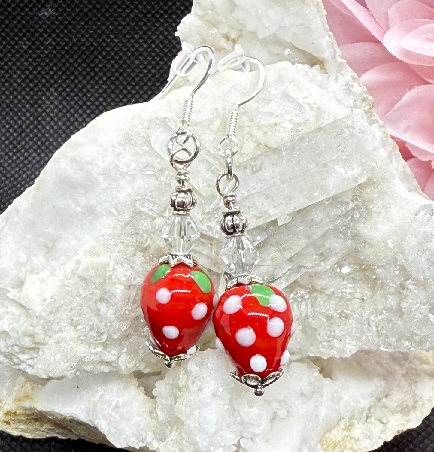 Glass Strawberry and Crystal Earrings