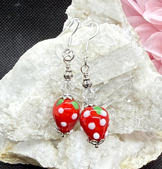 Glass Strawberry and Crystal Earrings