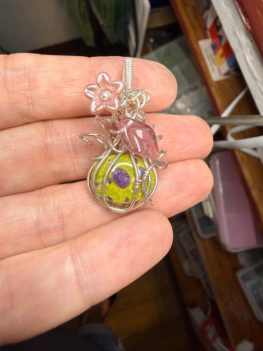 Atlantasite Pumpkin Pendant Wire Wrapped in Sterling Silver with a Leaf & Flower Accents Jewelry Necklace
