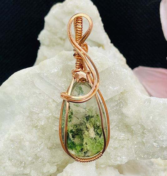 Garden Quartz/Lodolite Green Teardrop Pendant Necklace Wire Wrapped in Copper Jewelry Gift Crystal