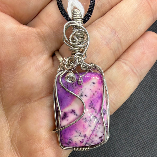 Dendritic Agate Dyed Purple Silvertone w Black Nylon Necklace Jewelry Gift