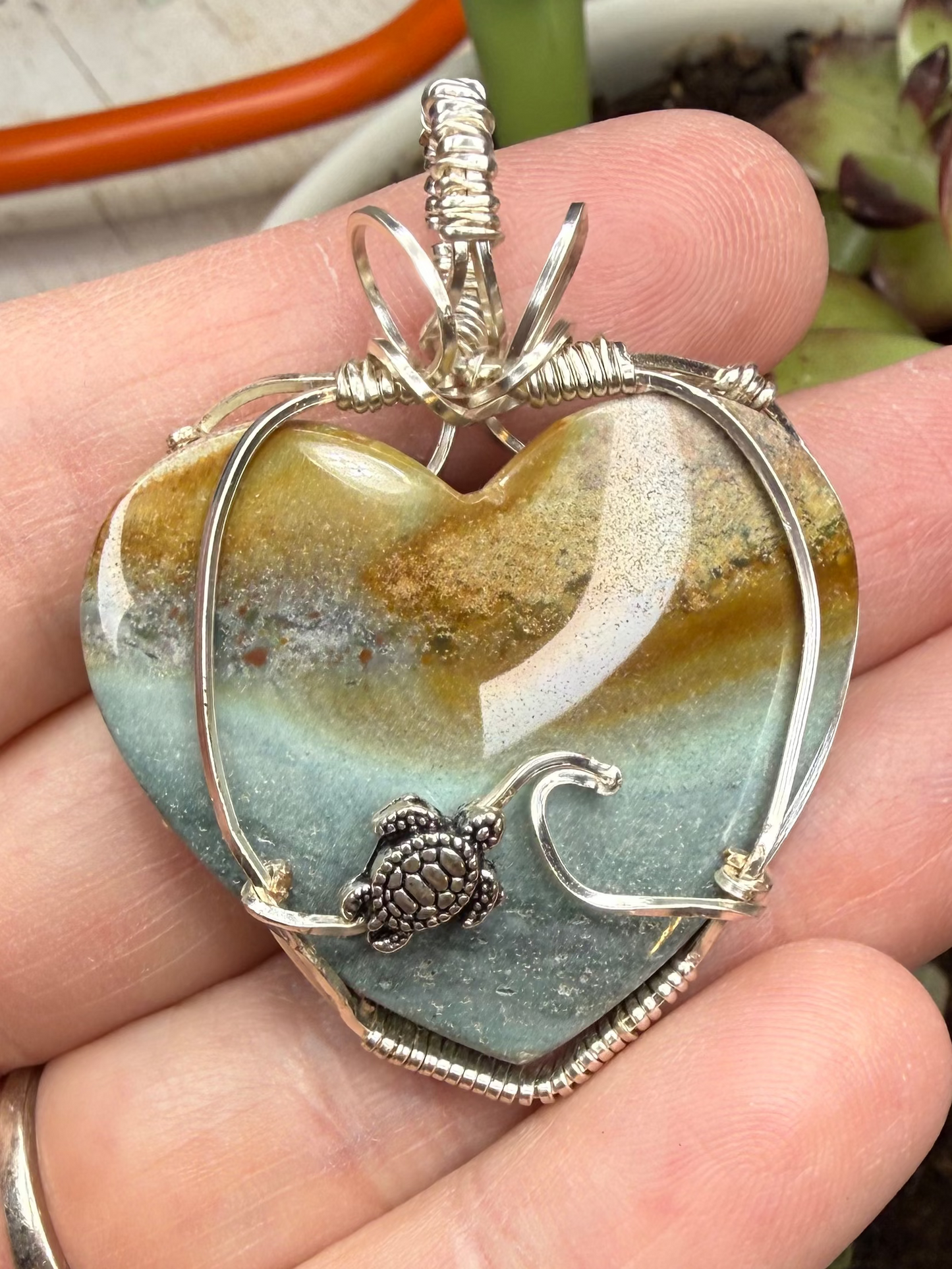 Ocean Jasper Heart Pendant Wire Wrapped in Sterling Silver with Sea Turtle Jewelry Necklace