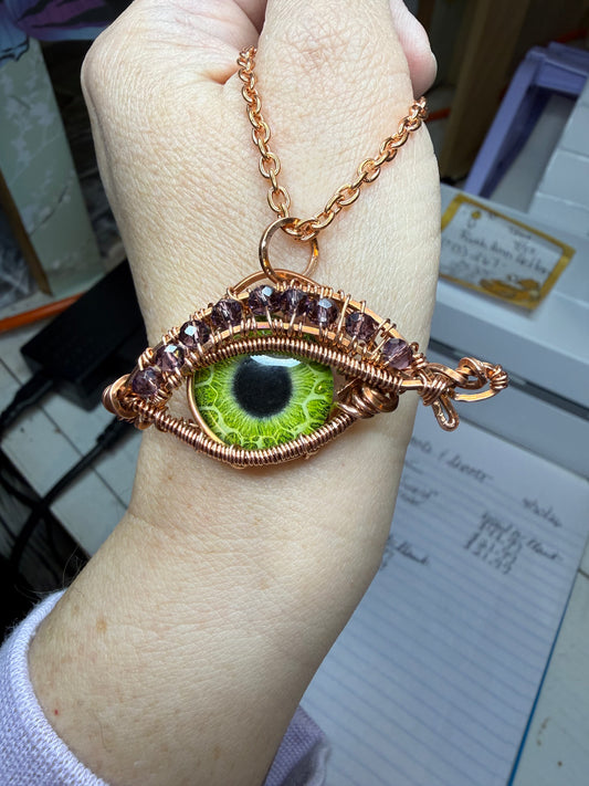 Eye of the Dragon Wire Wrapped in Copper with Purple Accent Beads Jewelry Necklace Pendant
