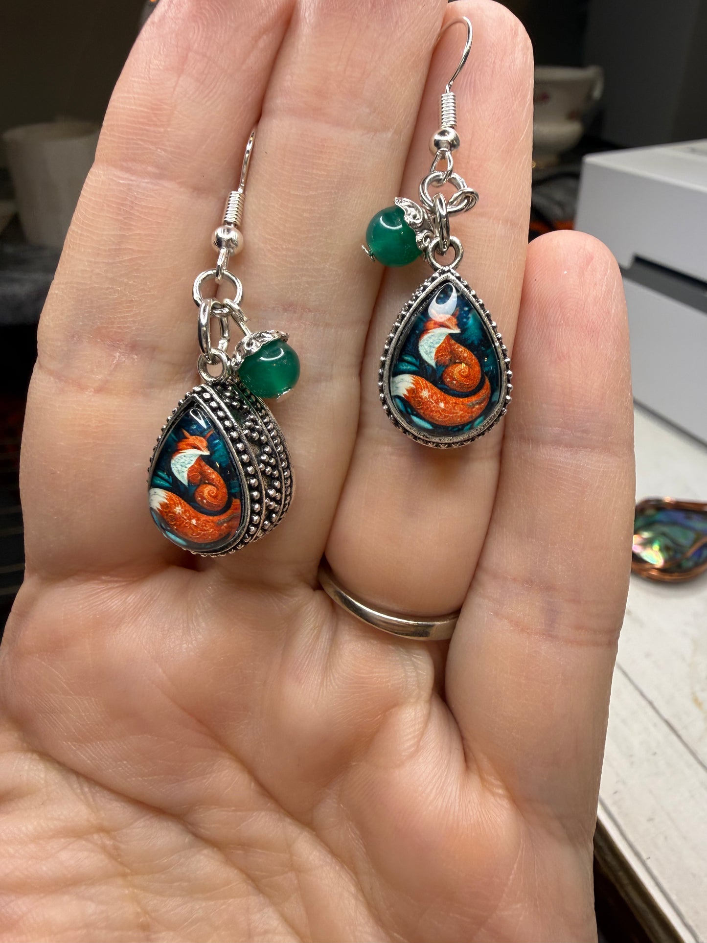 Fox Earrings w Green Bead & Feather