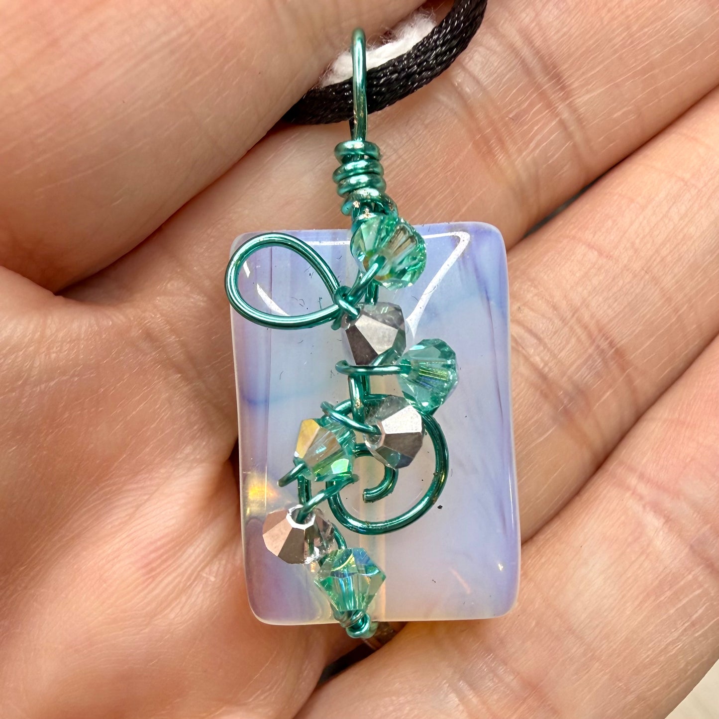 Opalite Wire Wrapped in Blue Coated Copper with Black Nylon Cord Necklace Jewelry