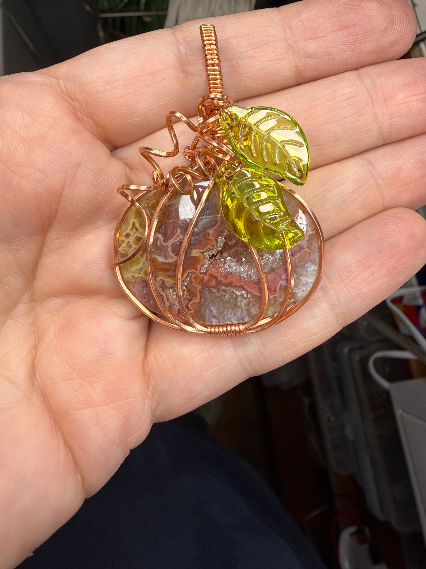 Druzy Lace Agate Pumpkin Wire Wrapped in Copper Pendant Necklace Jewelry