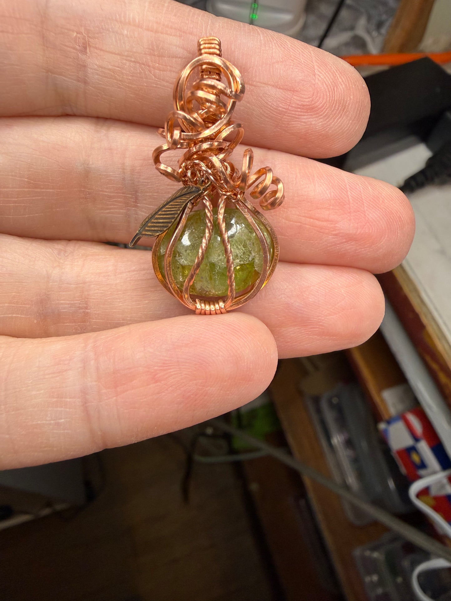 Mini Peridot Pumpkin Wire Wrapped in Copper Pendant Necklace Jewelry
