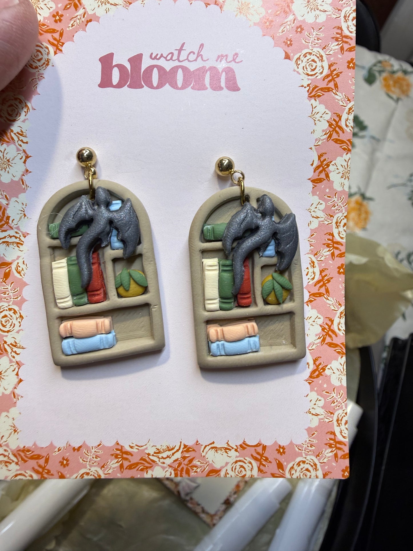 Dragon Bookshelf Clay Earrings WMB