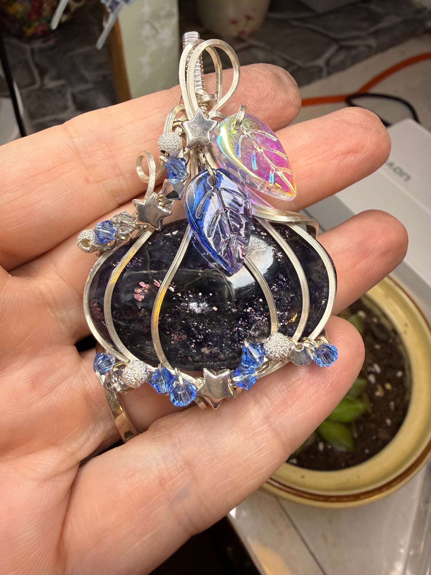 Iolite Pumpkin “Starry Night” Wire Wrapped in Sterling Silver w Sterling Silver Stars & Glass Beads Pendant Jewelry Necklace