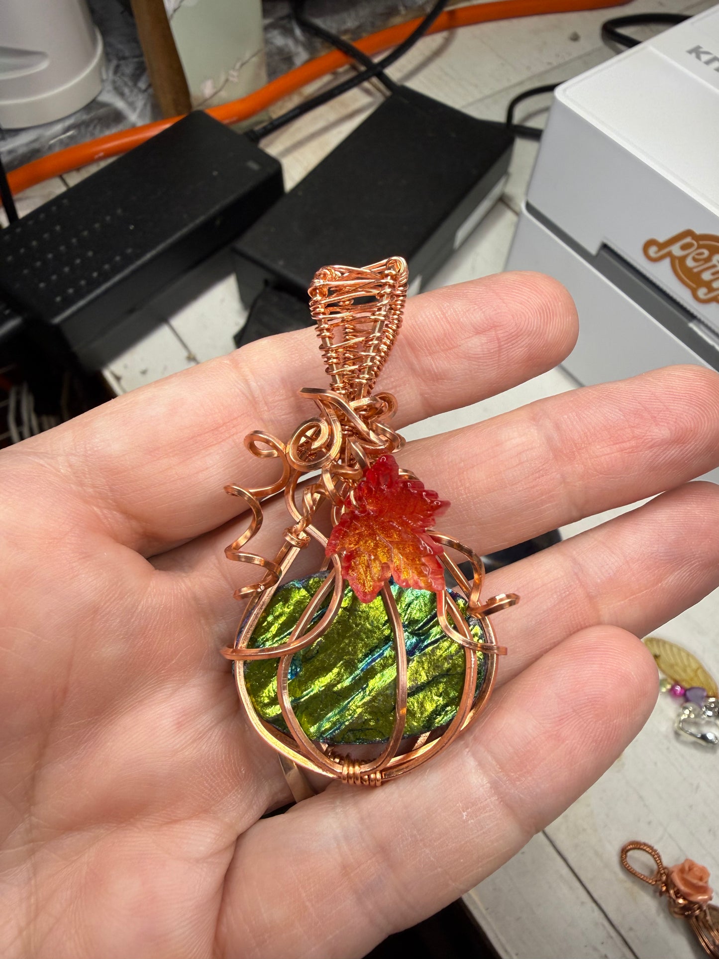Titanium Coated Agate Pumpkin Wire Wrapped in Copper w Resin Leaf Accent Pendant Jewelry Necklace