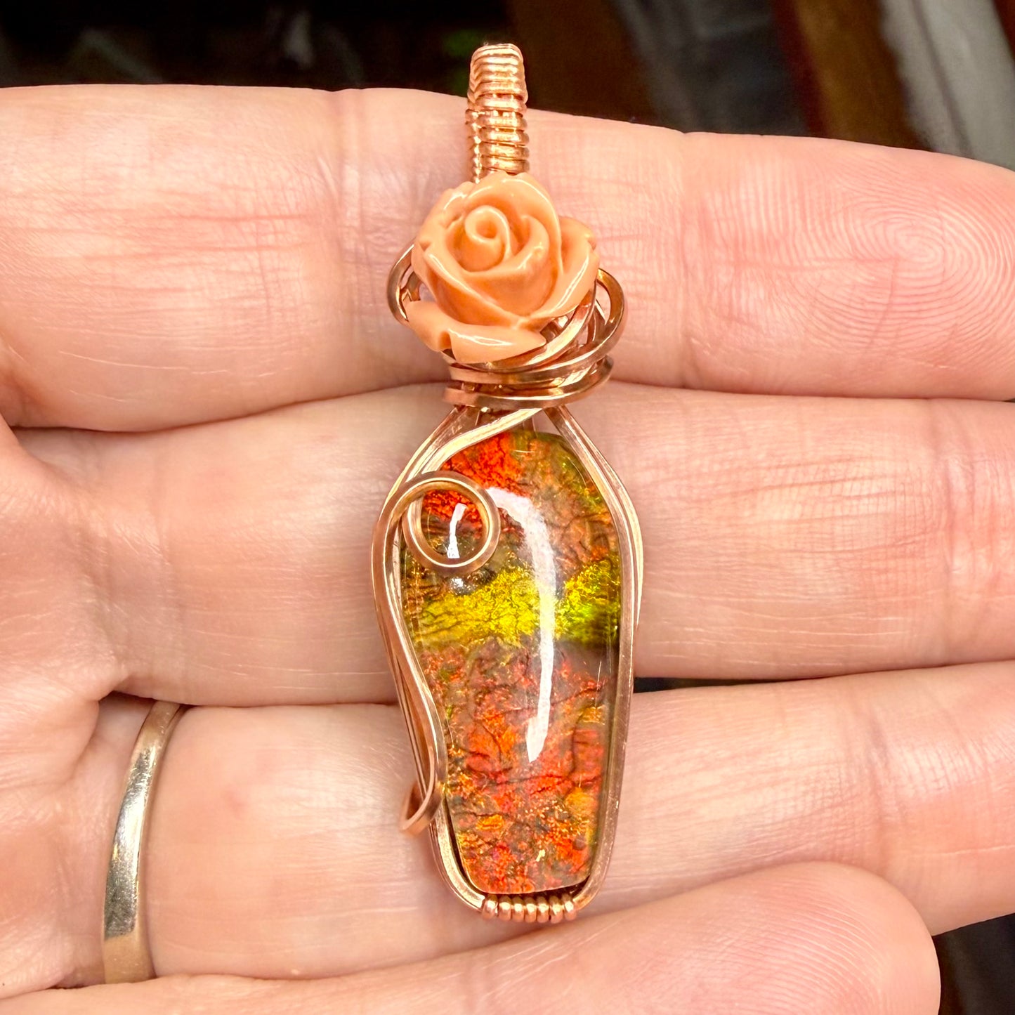 Monarch Opal (Manmade) Coffin Wire Wrapped in Copper Accented By a Peach Rose Pendant Necklace Jewelry