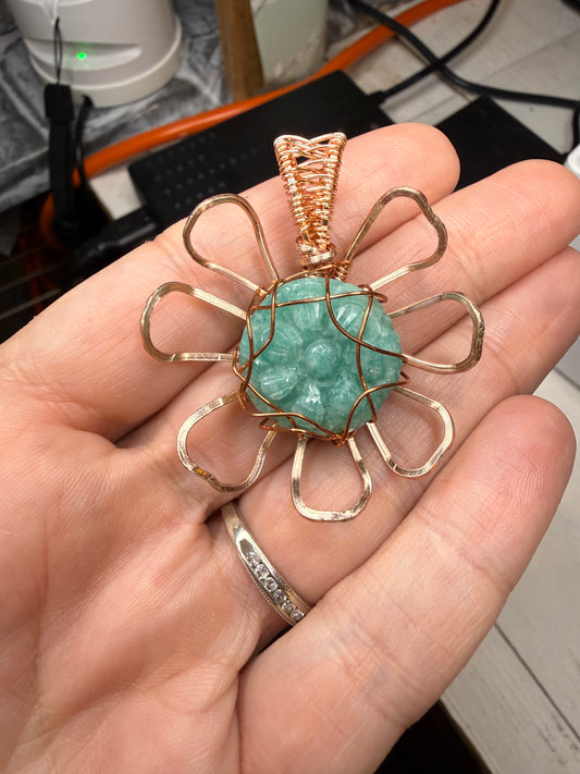 Amazonite Flower Wire Wrapped in Rose Gold Tone Pendant Jewelry Necklace