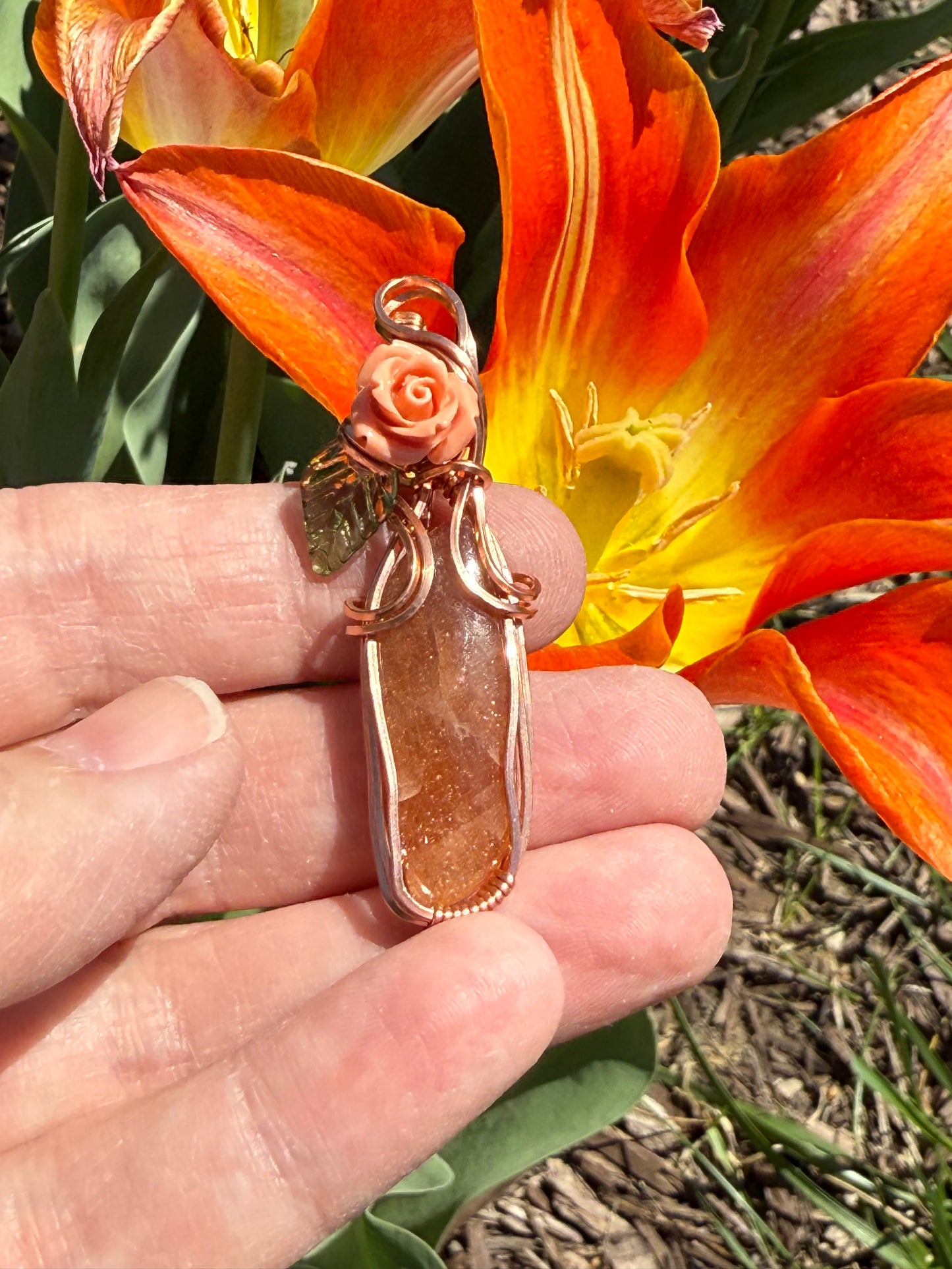 Sunstone Crystal with Peach Rose Wire Wrapped in Copper Pendant Jewelry Necklace Gift