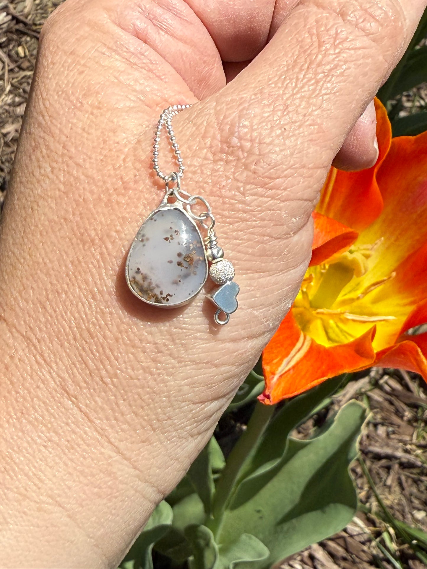 Hand Soldered Sterling Silver Setting with Chalcedony Crystal with Dendrites & Silver Heart and Bead Accents Necklace Jewelry Pendant CHAIN INCLUDED