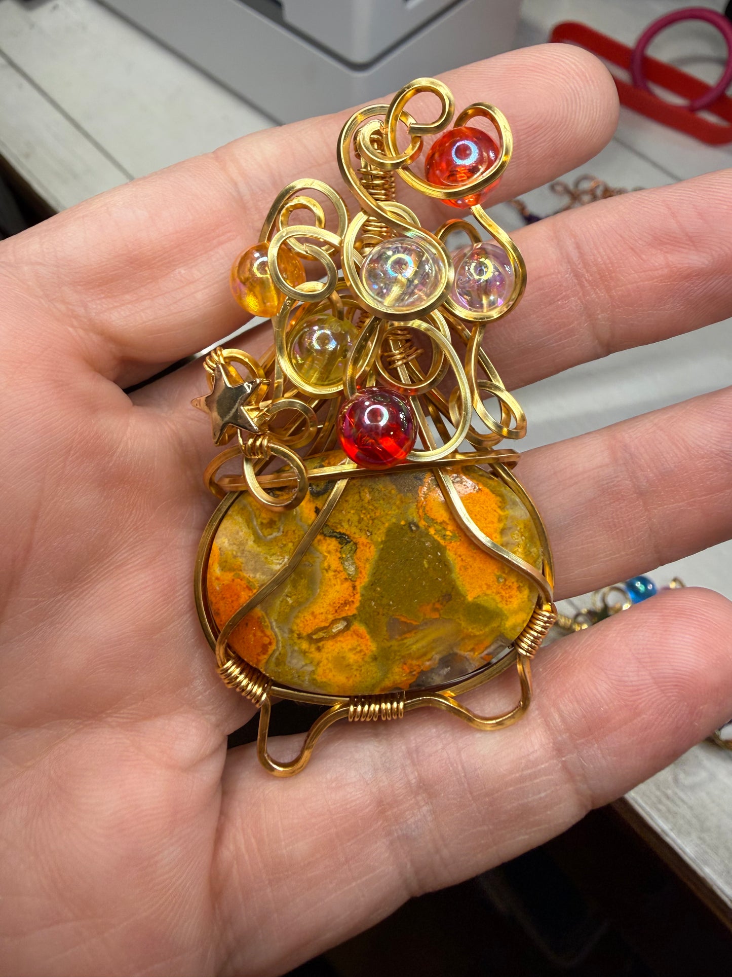 Bumblebee Jasper Cauldron in Wire Wrapped in Gold Tone Jewelry Pendant Necklace