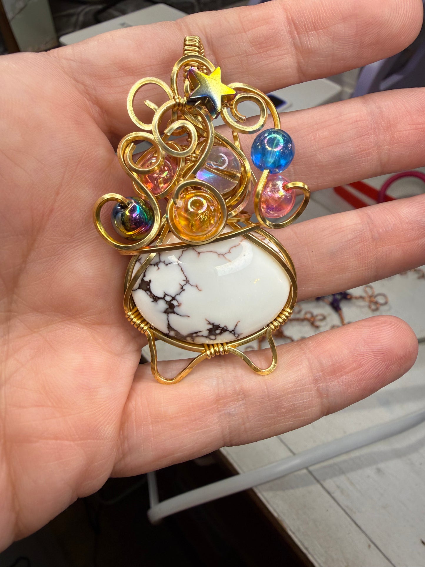 Wild Horse Magnesite Cauldron in Gold Tone Wire Wrapped Pendant Jewelry Necklace