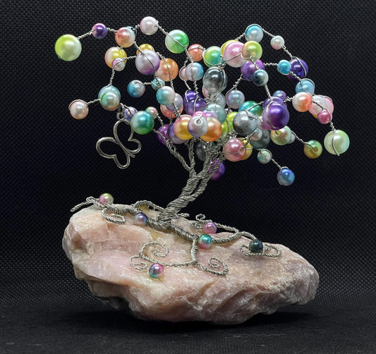 Handmade Wire Tree with Butterfly on Rose Quartz Crystal Whimiscal Gift Pink