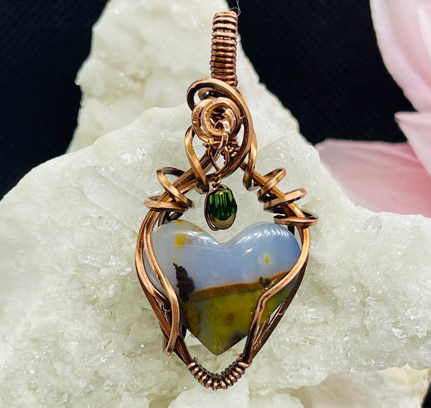 Polka Dot Agate Heart Pendant Wire Wrapped in Antiqued Copper with Green/Gold Bead Accent Jewelry Necklace Gift