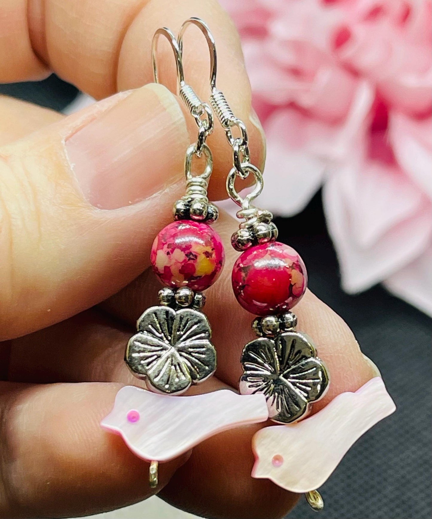 Pink Bird Earrings with Flowers in Silver Tone Jewelry Gift