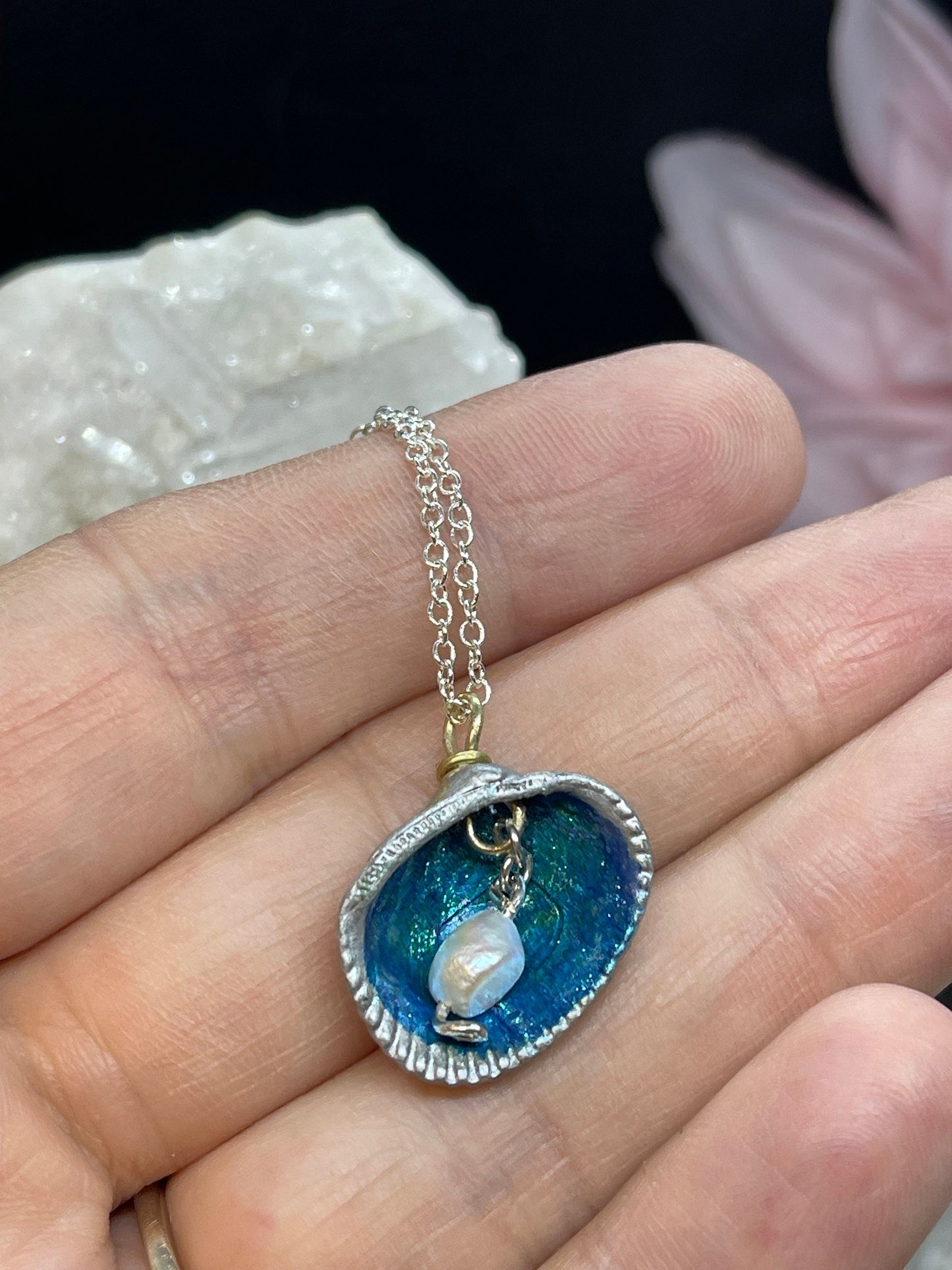 Handmade Shell Necklace w Dragonfly Glaze & Blue Paint on 18 inch chain Featuring a Freshwater Pearl