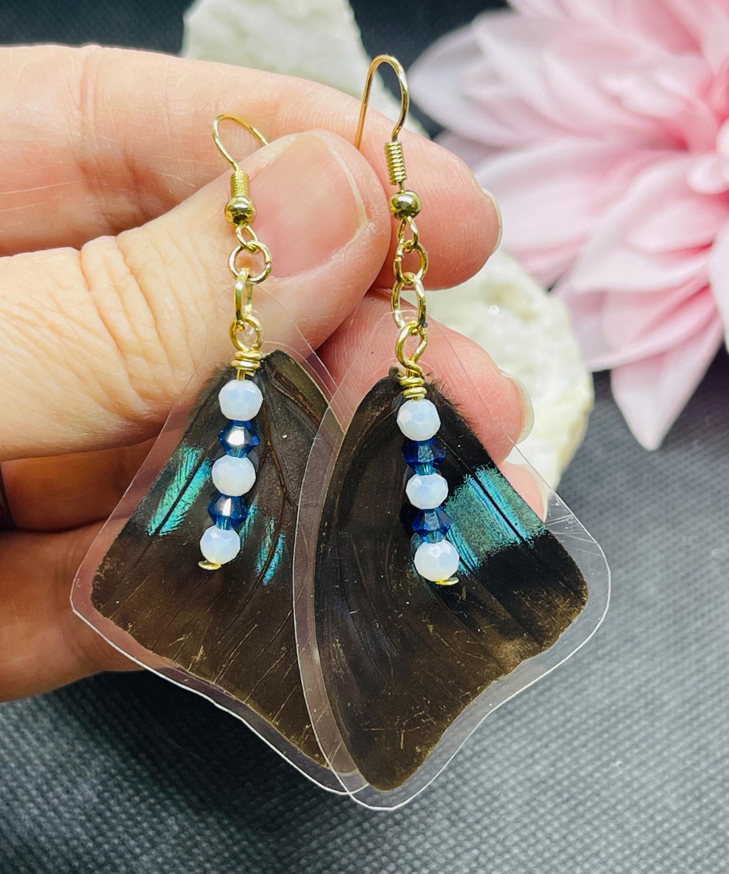 Real Butterfly Wing Earrings with Sparkle Bead Accents Jewelry Black Blue Morpho