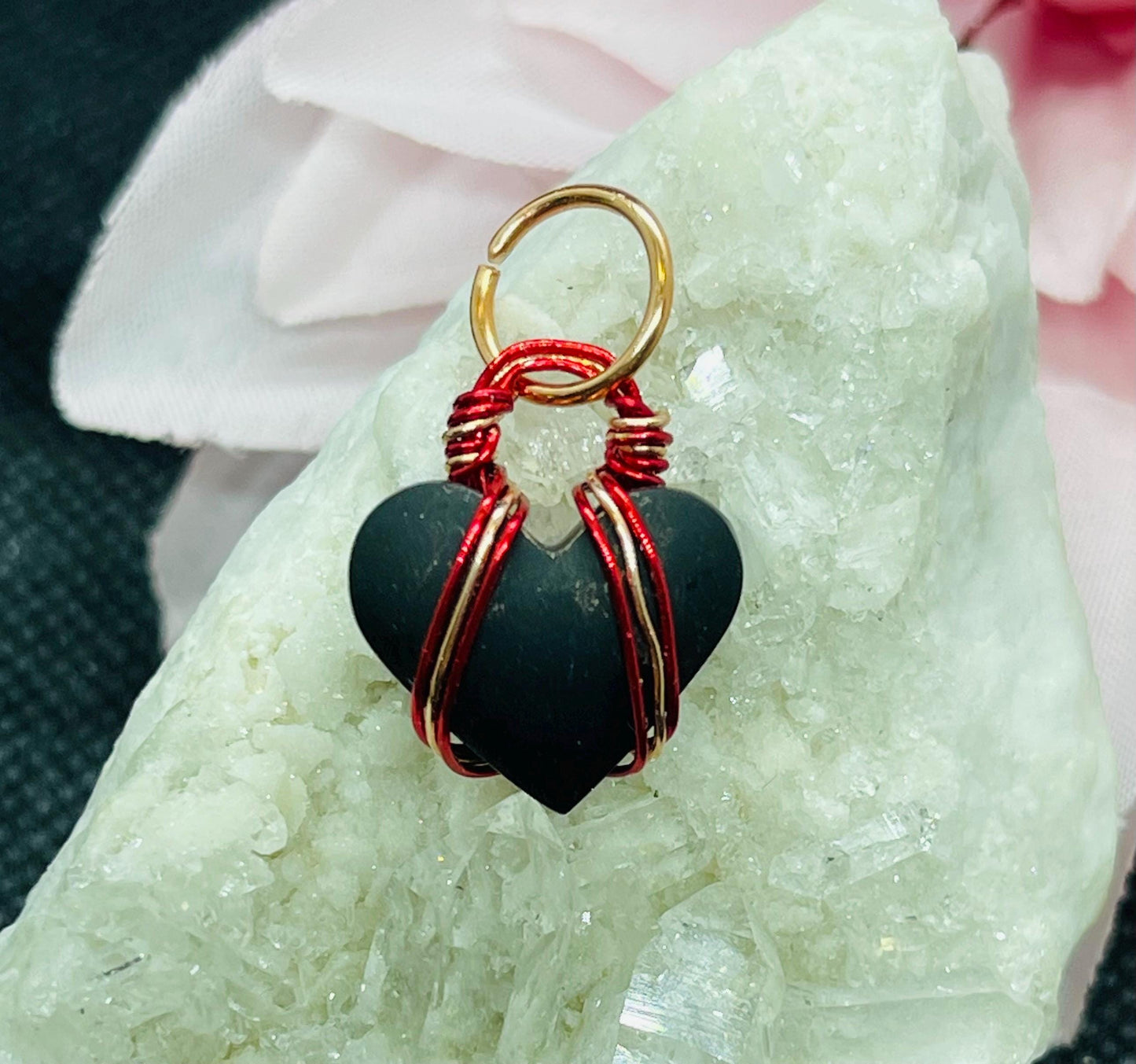 Mini Black Jade Actinolite Heart Pendant in Copper Wire Wrapped Jewelry Necklace Gift Crystal Pink Gem Rare