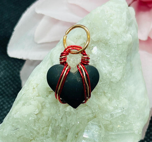Mini Black Jade Actinolite Heart Pendant in Copper Wire Wrapped Jewelry Necklace Gift Crystal Pink Gem Rare