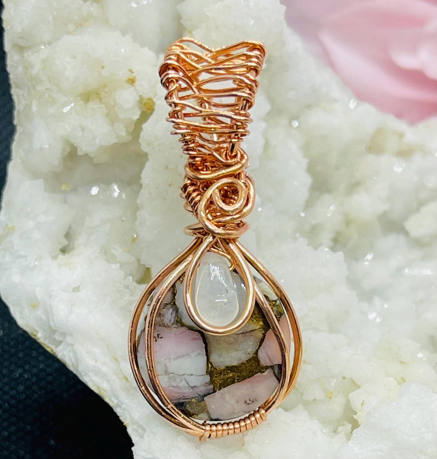 Peruvian Pink Opal with Bronze and Moonstone Crystal Pendant Wire Wrapped in Copper Jewelry Necklace Gift