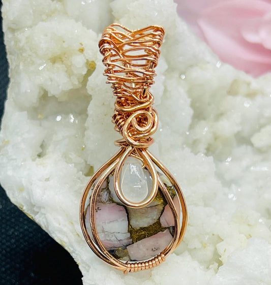 Peruvian Pink Opal with Bronze and Moonstone Crystal Pendant Wire Wrapped in Copper Jewelry Necklace Gift