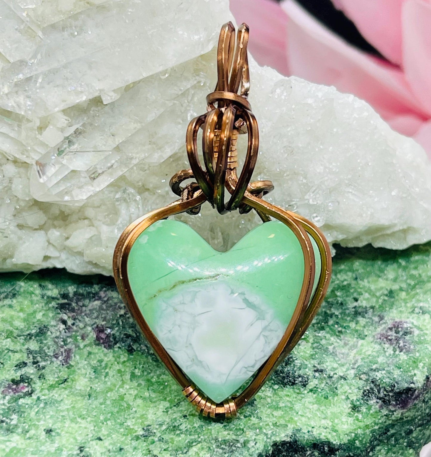 Wire Wrapped Chyrsoprase Heart Crystal in Copper Jewelry Necklace Gift
