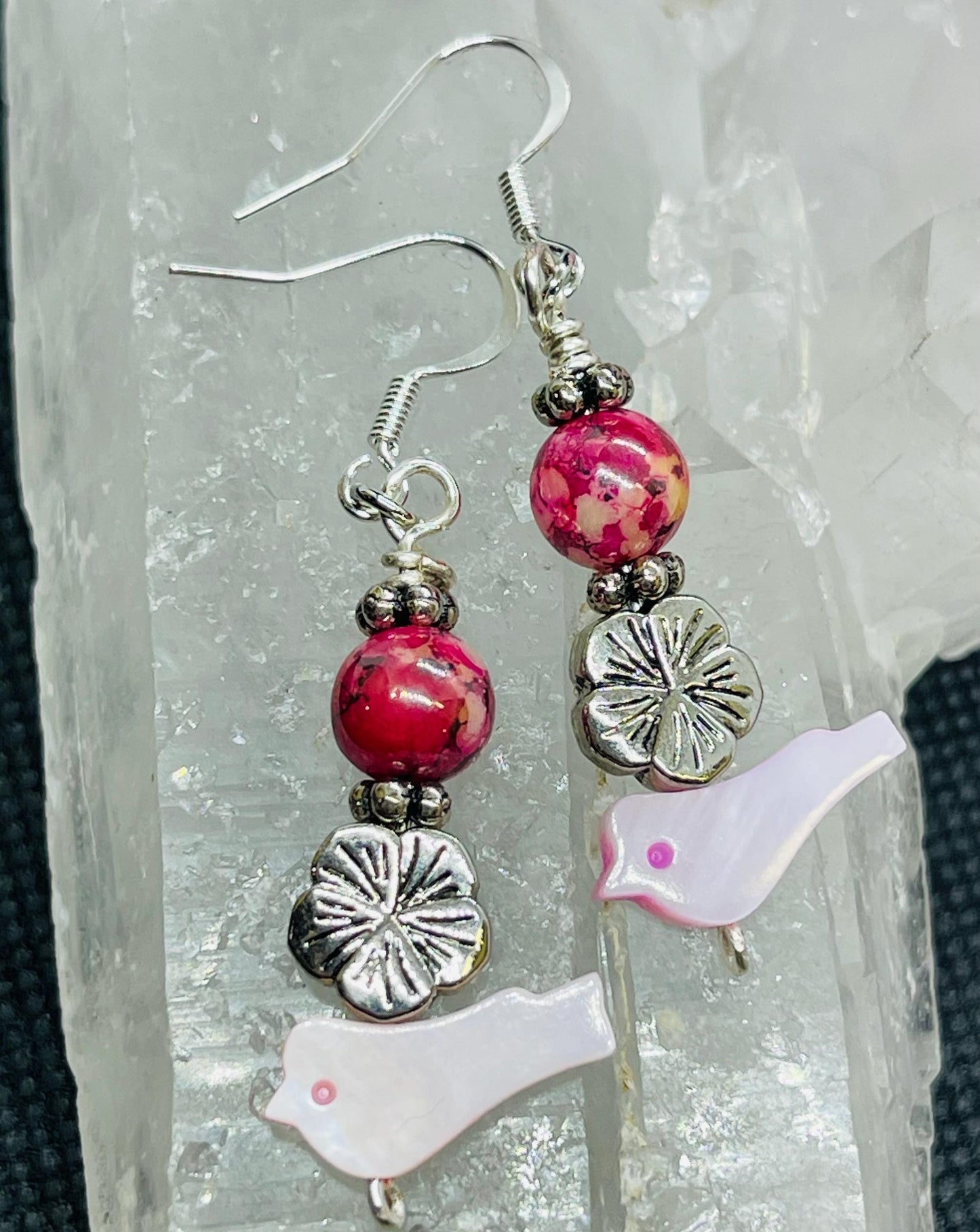 Pink Bird Earrings with Flowers in Silver Tone Jewelry Gift