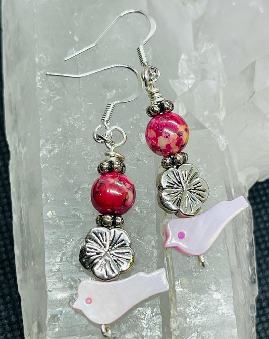 Pink Bird Earrings with Flowers in Silver Tone Jewelry Gift